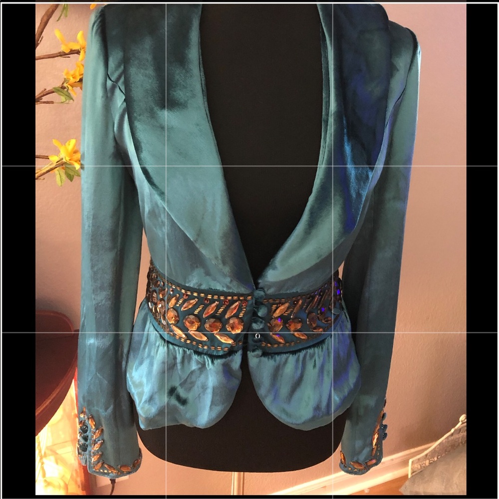 Arden B. Velvet teal blazer.